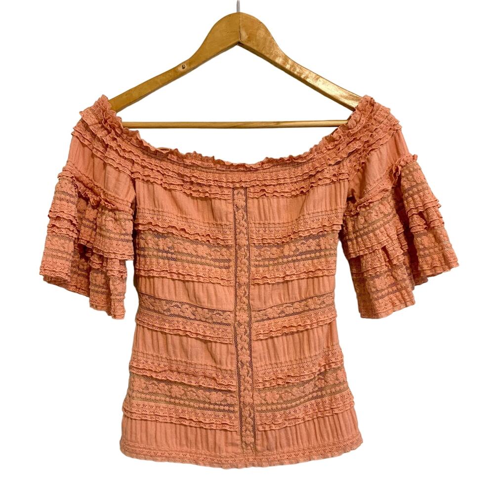 Cinq `a Sept Solene Peach Lace Off the Shoulder Ruffle Sleeve Blouse